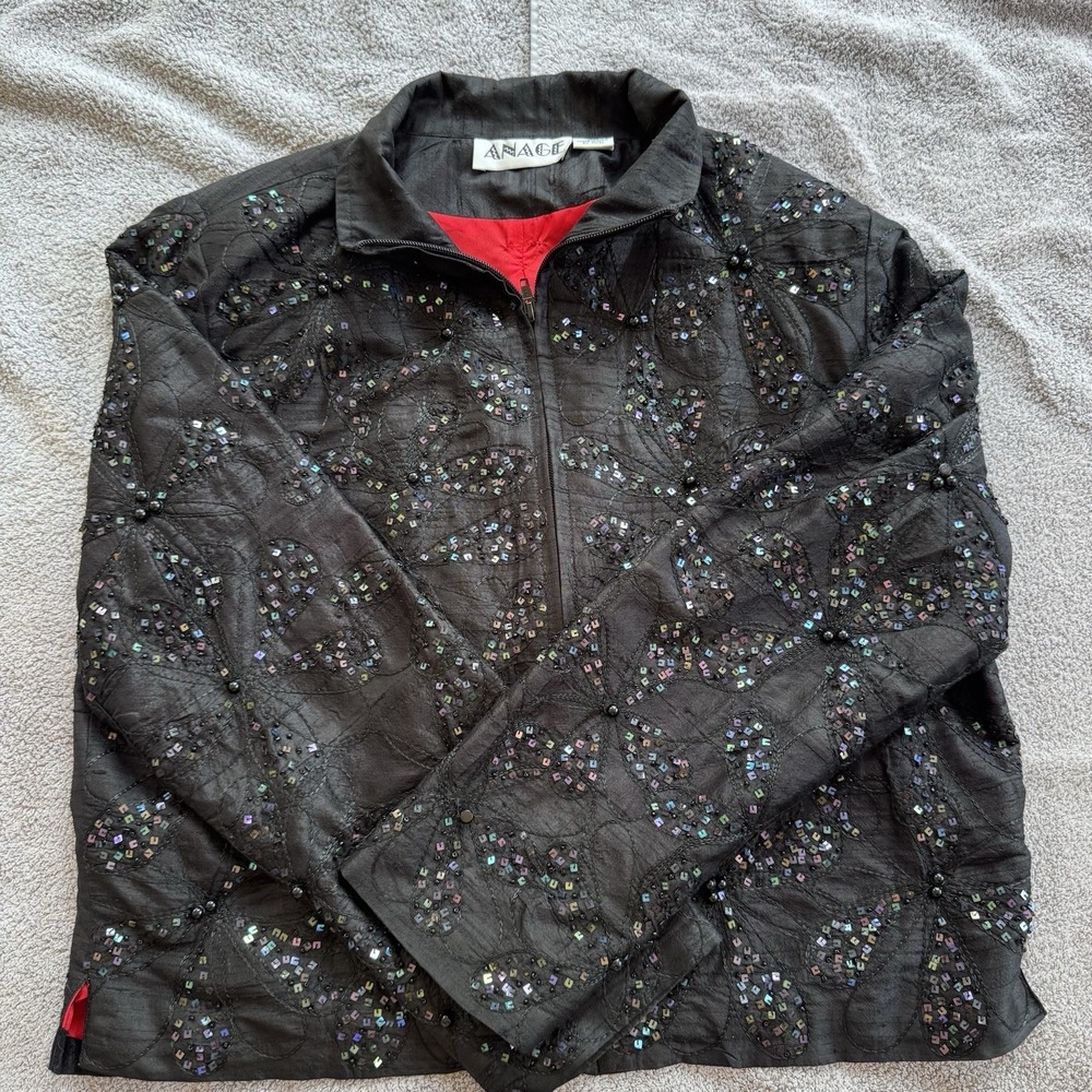 Vintage ANAGE Black Silk Beaded Sequin Floral Zip Jacket Womens L Evening Top